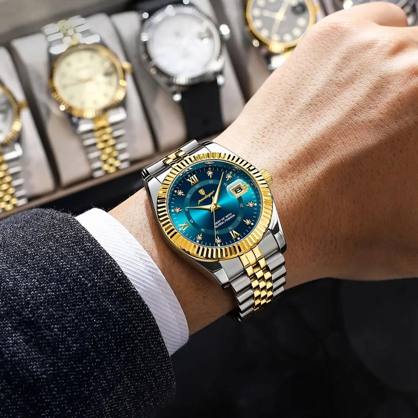 Sentinal – Poedagar Lüks Erkek Quartz Saat, Altın & Azure Mavi Özel Seri